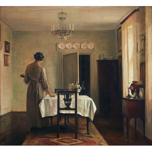A sunlit interior with the artist’s wife by a table